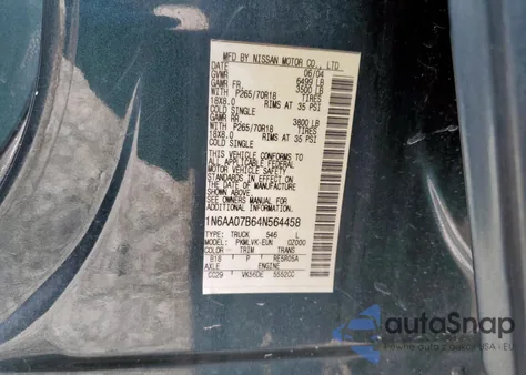 2004 Nissan Titan Xe из США, поврежденный, VIN 1N6AA07B64N564458